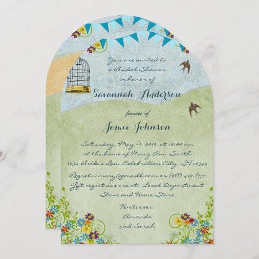 ヴィンテージ素朴シックブライダルシャワーバードケージバンティング 招待状 (正面/裏面)