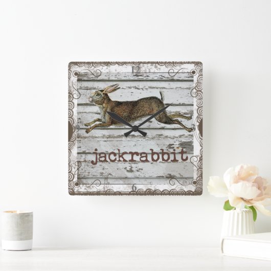ヴィンテージ素朴ジャックラビットヘアスケッチホワイトウッド スクエア壁時計 (ホーム)