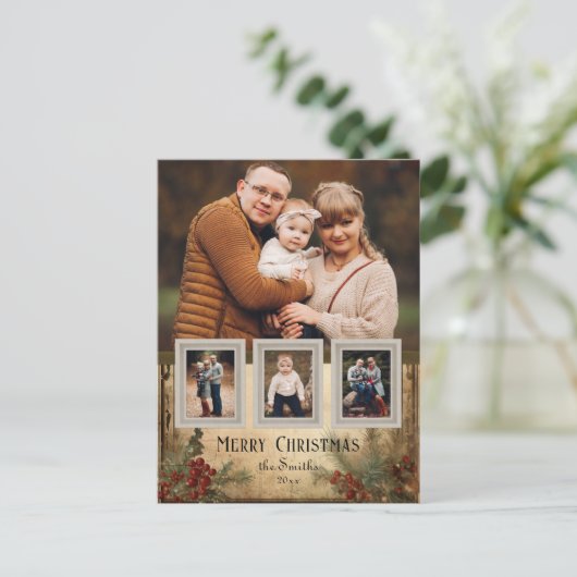 ヴィンテージ素朴スタイル4写真クリスマスフローラ シーズンポストカード (スタンド正面)