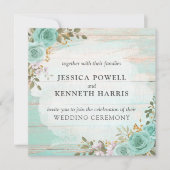 ヴィンテージ素朴ターコイズウッドフローラ結婚バラ 招待状 (正面)