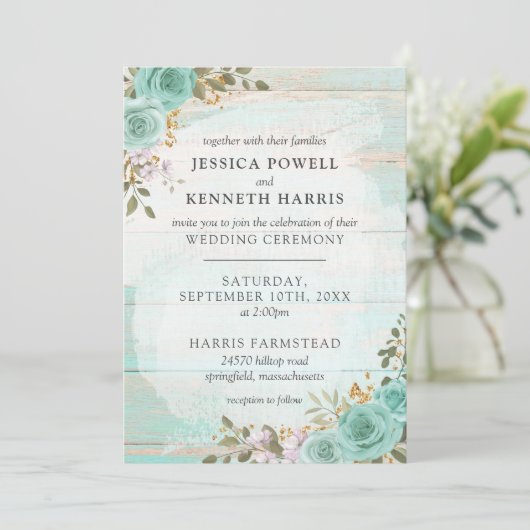 ヴィンテージ素朴ターコイズウッドフローラ結婚バラ 招待状 (スタンド正面)