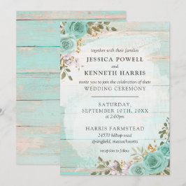 ヴィンテージ素朴ターコイズウッドフローラ結婚バラ 招待状