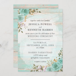 ヴィンテージ素朴ターコイズウッドフローラ結婚バラ 招待状