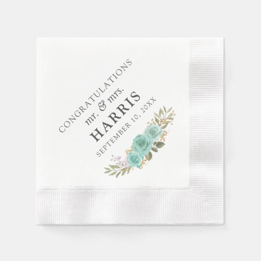 ヴィンテージ素朴ターコイズウッドフローラ結婚バラ 縁ありカクテルナプキン (正面)