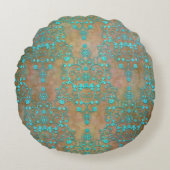 ヴィンテージ素朴ダマスクターコイズとブラウン ラウンドクッション (正面)