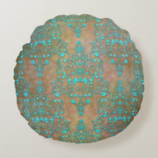ヴィンテージ素朴ダマスクターコイズとブラウン ラウンドクッション (正面)