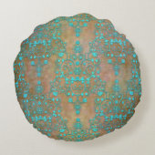 ヴィンテージ素朴ダマスクターコイズとブラウン ラウンドクッション (裏面)