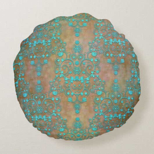 ヴィンテージ素朴ダマスクターコイズとブラウン ラウンドクッション (裏面)