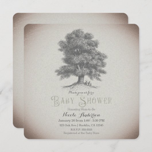 ヴィンテージ素朴ツリー&鹿ストーリーブックベビーシャワー 招待状 (正面/裏面)