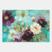 ヴィンテージ素朴ティール(緑がかった色)&プラムフローラデカップージ紙 ラッピングペーパーシート (正面3)