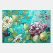 ヴィンテージ素朴ティール(緑がかった色)&プラムフローラデカップージ紙 ラッピングペーパーシート (正面2)