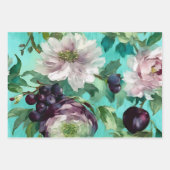 ヴィンテージ素朴ティール(緑がかった色)&プラムフローラデカップージ紙 ラッピングペーパーシート (正面)