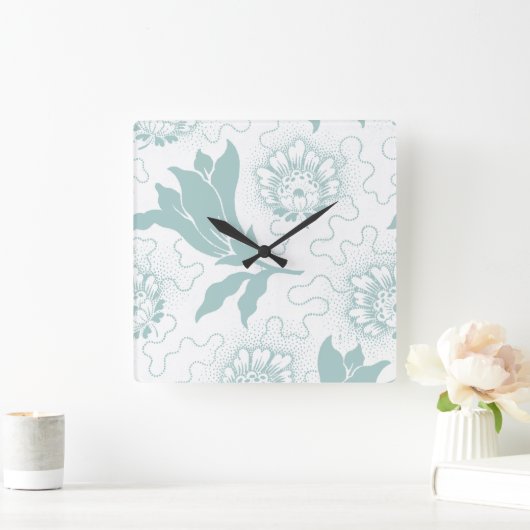 ヴィンテージ素朴ティール（緑がかった色）ホワイトファームハウススタイルフローラ スクエア壁時計 (ホーム)