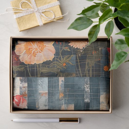 ヴィンテージ素朴テクスチャ青の赤いキルトデコップ 薄葉紙 (ギフト)