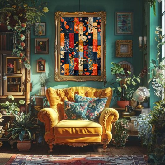 ヴィンテージ素朴テクスチャ青の赤いキルトデコップ 薄葉紙