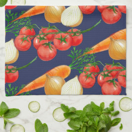 ヴィンテージ素朴ネイビーブルー水彩野菜 キッチンタオル