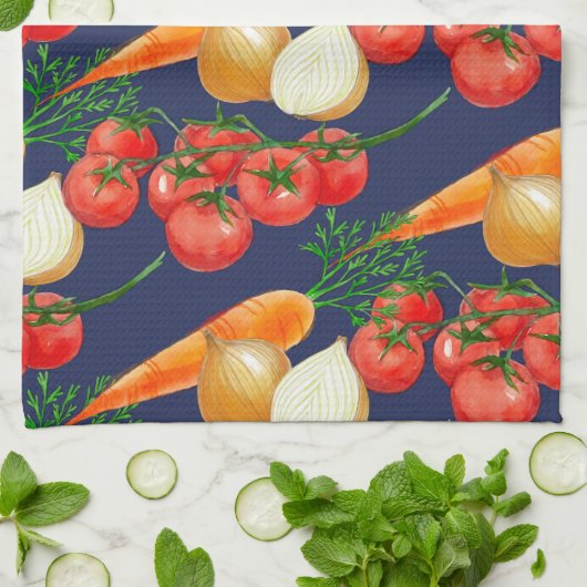 ヴィンテージ素朴ネイビーブルー水彩野菜 キッチンタオル (折り畳み)