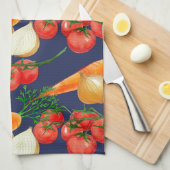 ヴィンテージ素朴ネイビーブルー水彩野菜 キッチンタオル (四つ折り)