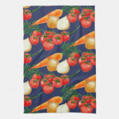 ヴィンテージ素朴ネイビーブルー水彩野菜 キッチンタオル (縦)