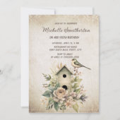 ヴィンテージ素朴バードハウスフラワーズ100誕生日 招待状 (正面)