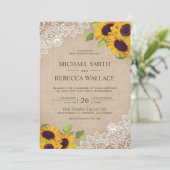 ヴィンテージ素朴バーラップホワイトレースヒマワリ結婚ーズ 招待状 (スタンド正面)