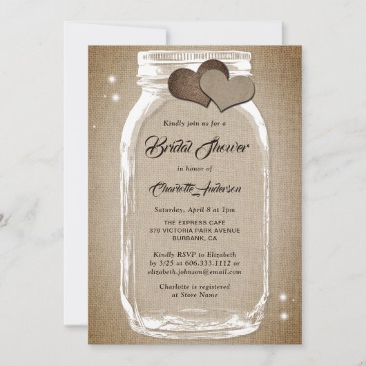 ヴィンテージ素朴バーラップメイソンジャーブライダルシャワー 招待状 (正面)