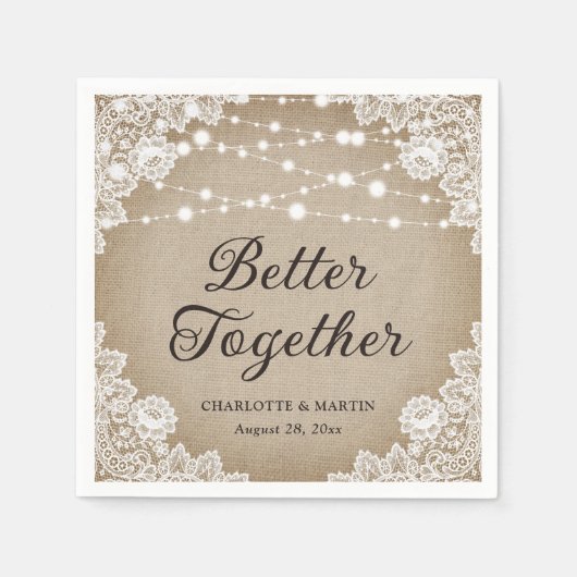 ヴィンテージ素朴バーラップレースのストリングラ結婚イト スタンダードカクテルナプキン (正面)