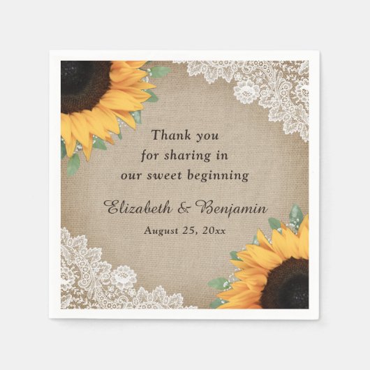 ヴィンテージ素朴バーラップレースひまわり結婚の スタンダードカクテルナプキン (正面)
