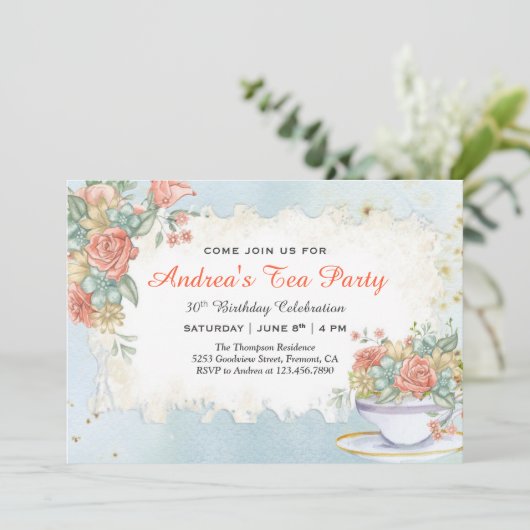 ヴィンテージ素朴パステルフローラ誕生日ティーパーティー 招待状 (スタンド正面)
