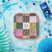 ヴィンテージ素朴パッチワークキルトパターンモノグラム ペーパープレート (パーティー)