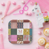 ヴィンテージ素朴パッチワークキルトパターンモノグラム ペーパープレート (パーティー)