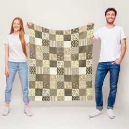 ヴィンテージ素朴パッチワークベージュブラウンキルトパターン フリースブランケット