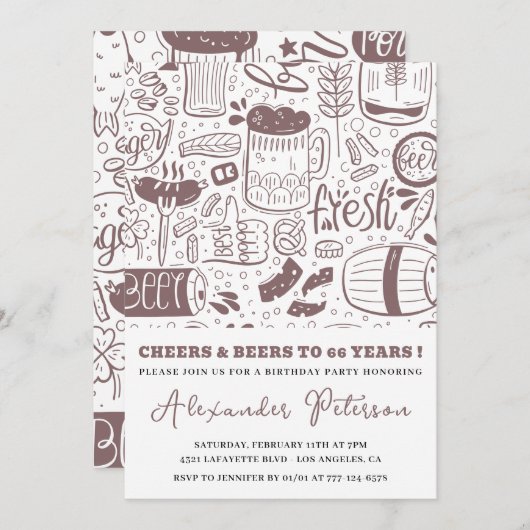 ヴィンテージ素朴ビアメンズ66歳の誕生日 招待状 (正面/裏面)