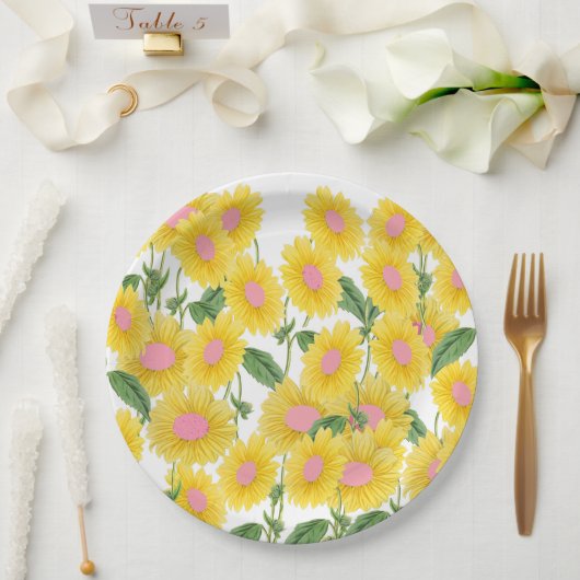 ヴィンテージ素朴ピンクひまわりモダン白 ペーパープレート (ウェディング)
