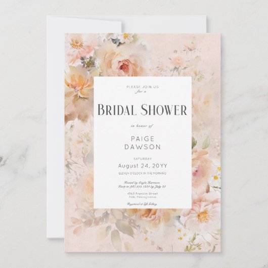 ヴィンテージ素朴ピンクフローラフレームブライダルシャワー 招待状 (正面)