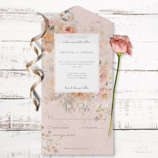 ヴィンテージ素朴ピンクフローラフレームNo Dinner オールインワン招待状