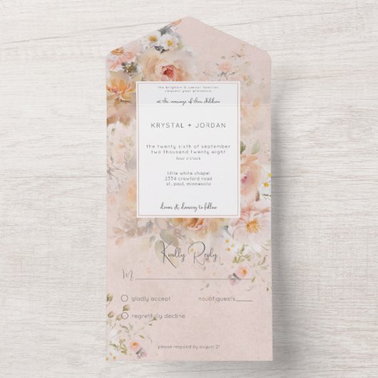 ヴィンテージ素朴ピンクフローラフレームNo Dinner オールインワン招待状 (内側)