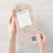 ヴィンテージ素朴ピンクフローラフレームQRコード オールインワン招待状 (貼ってはがせる)
