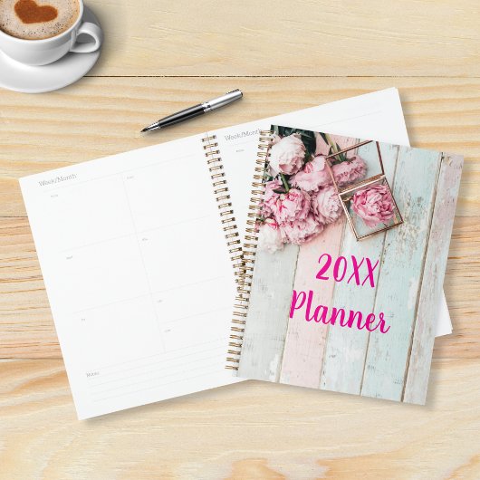 ヴィンテージ素朴ピンク牡丹の花を持つ木材 プランナー手帳