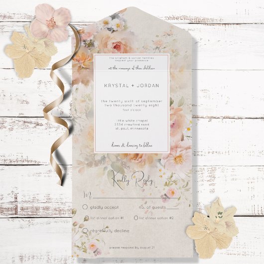 ヴィンテージ素朴ピンク赤面フローラフレームディナー オールインワン招待状