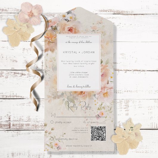 ヴィンテージ素朴ピンク赤面フローラフレームQRコード オールインワン招待状