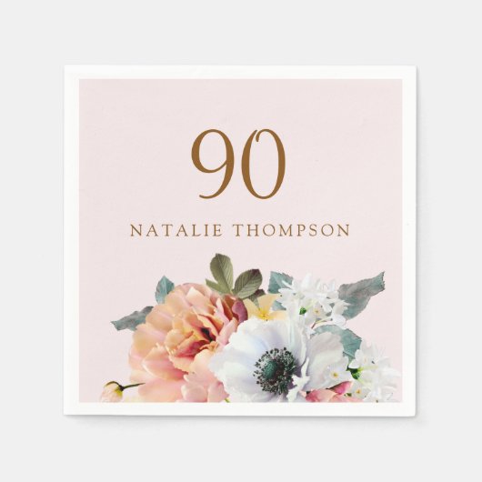 ヴィンテージ素朴ピーチフラワー90thバースデーパーティー スタンダードカクテルナプキン (正面)