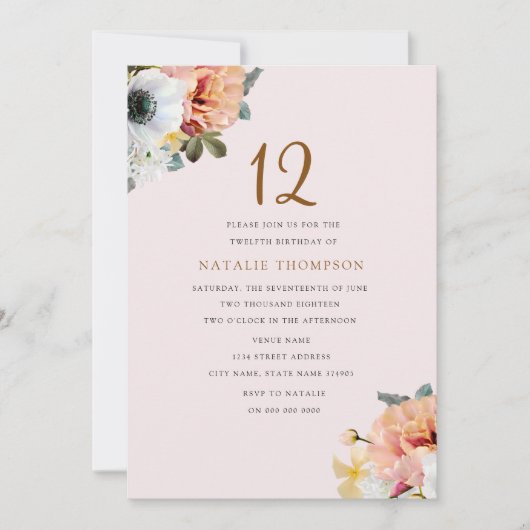 ヴィンテージ素朴ピーチフローラ12番目誕生日招待状 招待状 (正面)