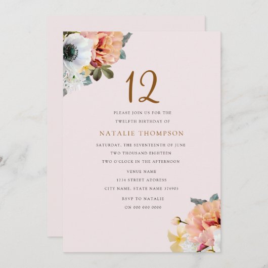 ヴィンテージ素朴ピーチフローラ12番目誕生日招待状 招待状 (正面/裏面)