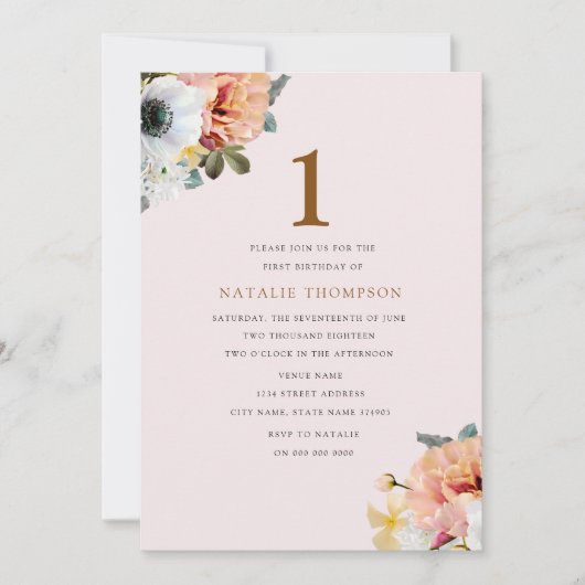 ヴィンテージ素朴ピーチフローラ1st誕生日招待状 招待状 (正面)