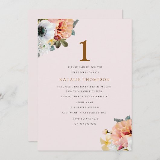 ヴィンテージ素朴ピーチフローラ1st誕生日招待状 招待状 (正面/裏面)
