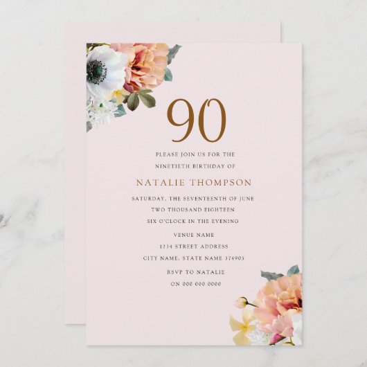 ヴィンテージ素朴ピーチフローラ90th誕生日招待状 招待状 (正面/裏面)