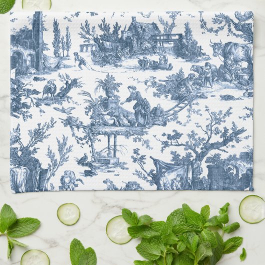 ヴィンテージ素朴フフランスのァームトイルブルー&ホワイト キッチンタオル (折り畳み)