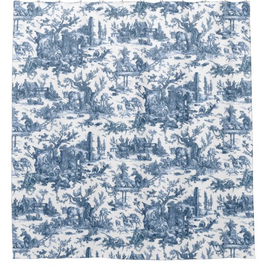 ヴィンテージ素朴フフランスのァームトイルブルー&ホワイト シャワーカーテン (正面)