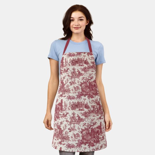 ヴィンテージ素朴フフランスのァームトイルレッド&タン エプロン (着用した状態)